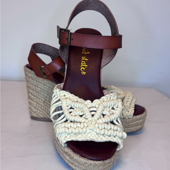 Cream and Brown Woven Wedge Sandals - Picture 9 of 11